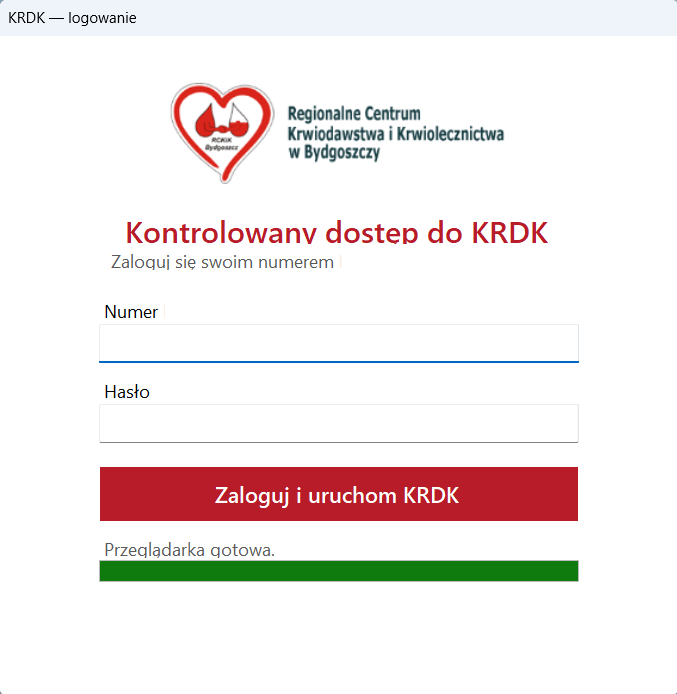 Okno KRDK Launcher z polami indywidualnego loginu i hasła oraz przyciskiem uruchamiającym KRDK