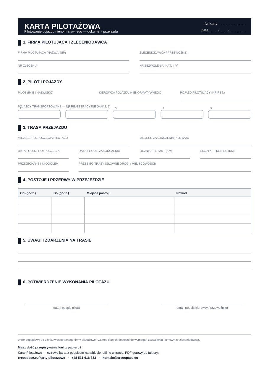 Wzór karty pilotażowej PDF — podgląd formularza A4 z sekcjami: firma pilotująca, pilot i pojazdy, trasa przejazdu, postoje, uwagi, podpisy